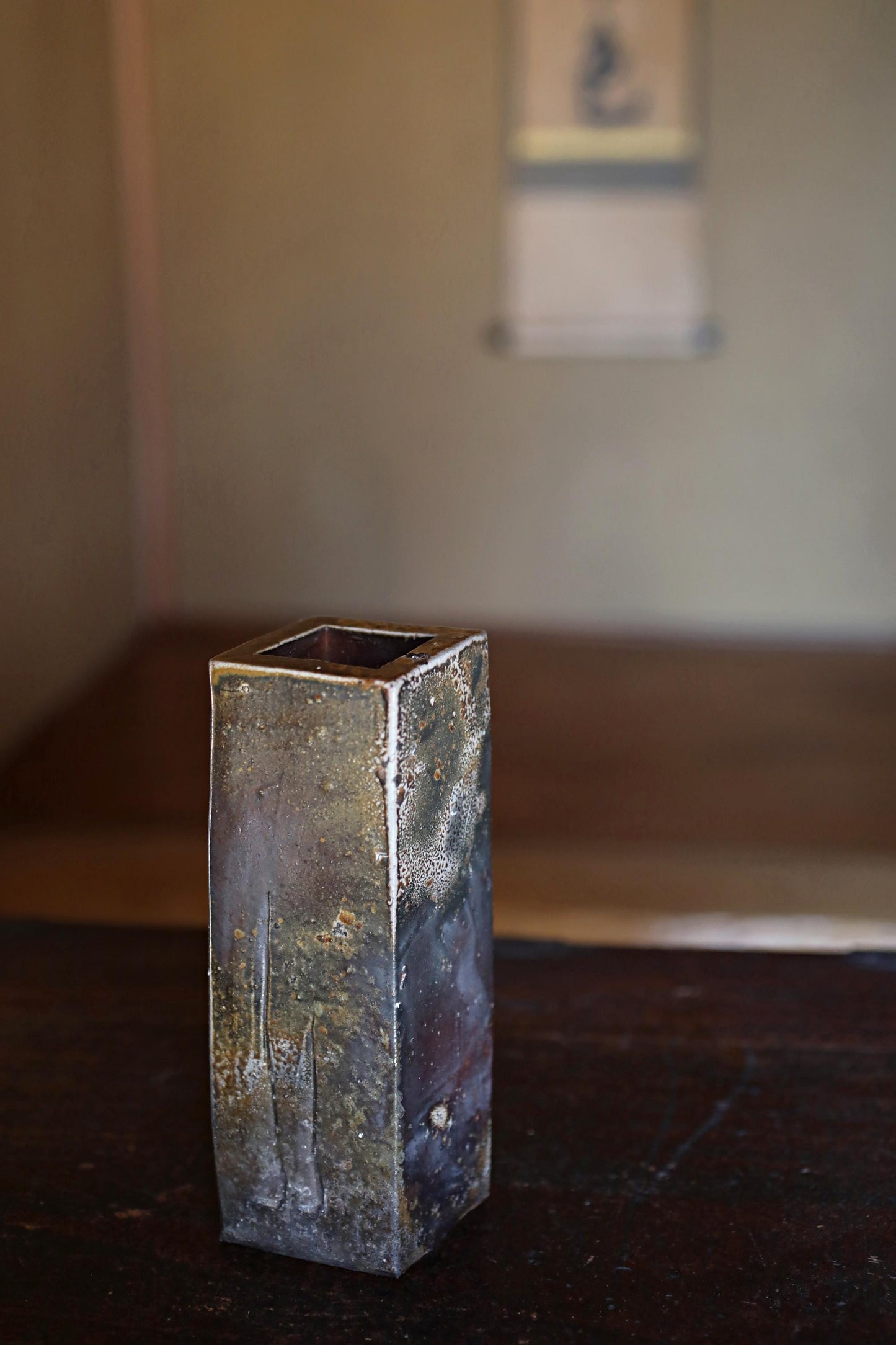 Japanese vintage vase "BIZEN ware" pottery flower vase, rhombus tube shape with a signatured wooden box H7.7xW3.5in/ 19.5x9cm