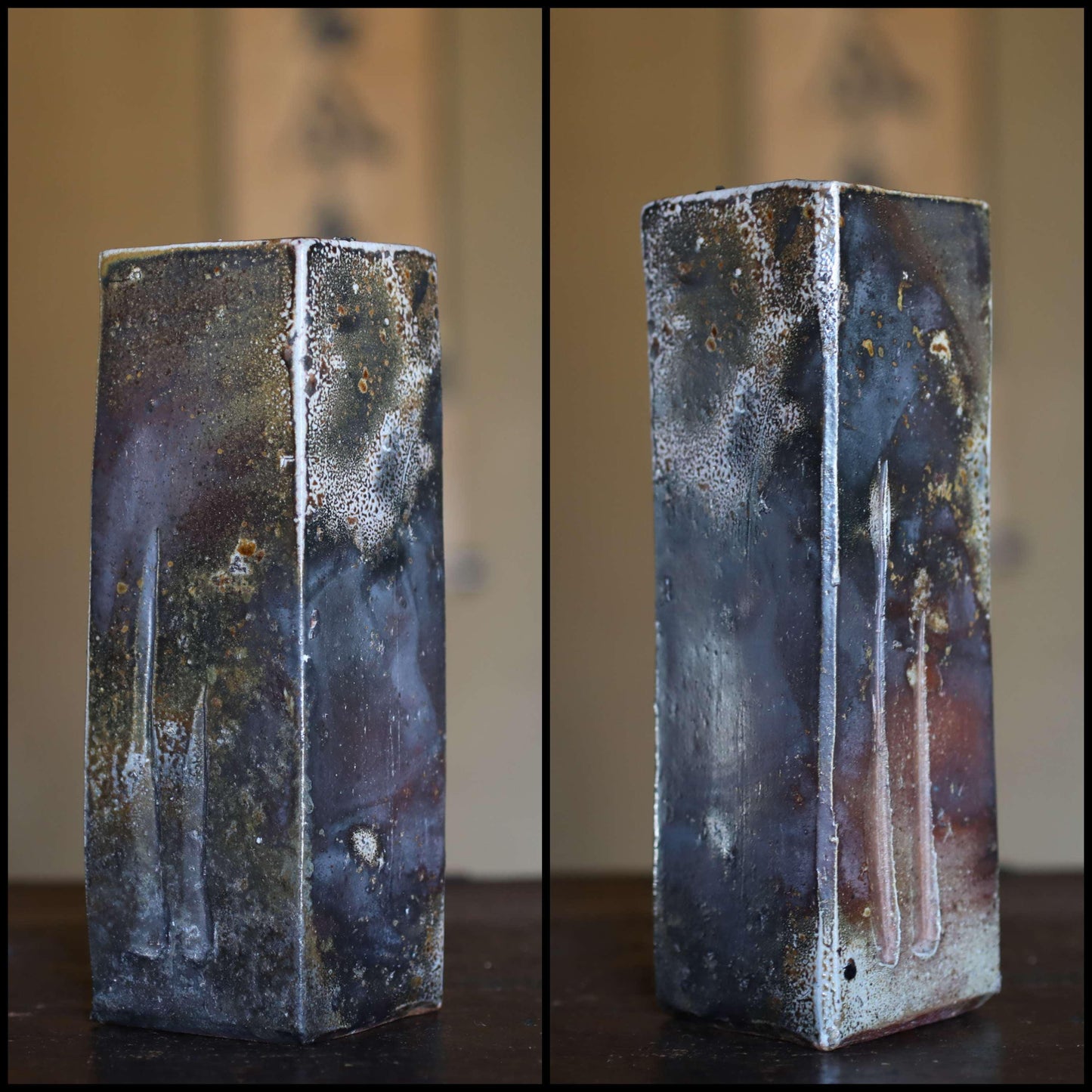 Japanese vintage vase "BIZEN ware" pottery flower vase, rhombus tube shape with a signatured wooden box H7.7xW3.5in/ 19.5x9cm