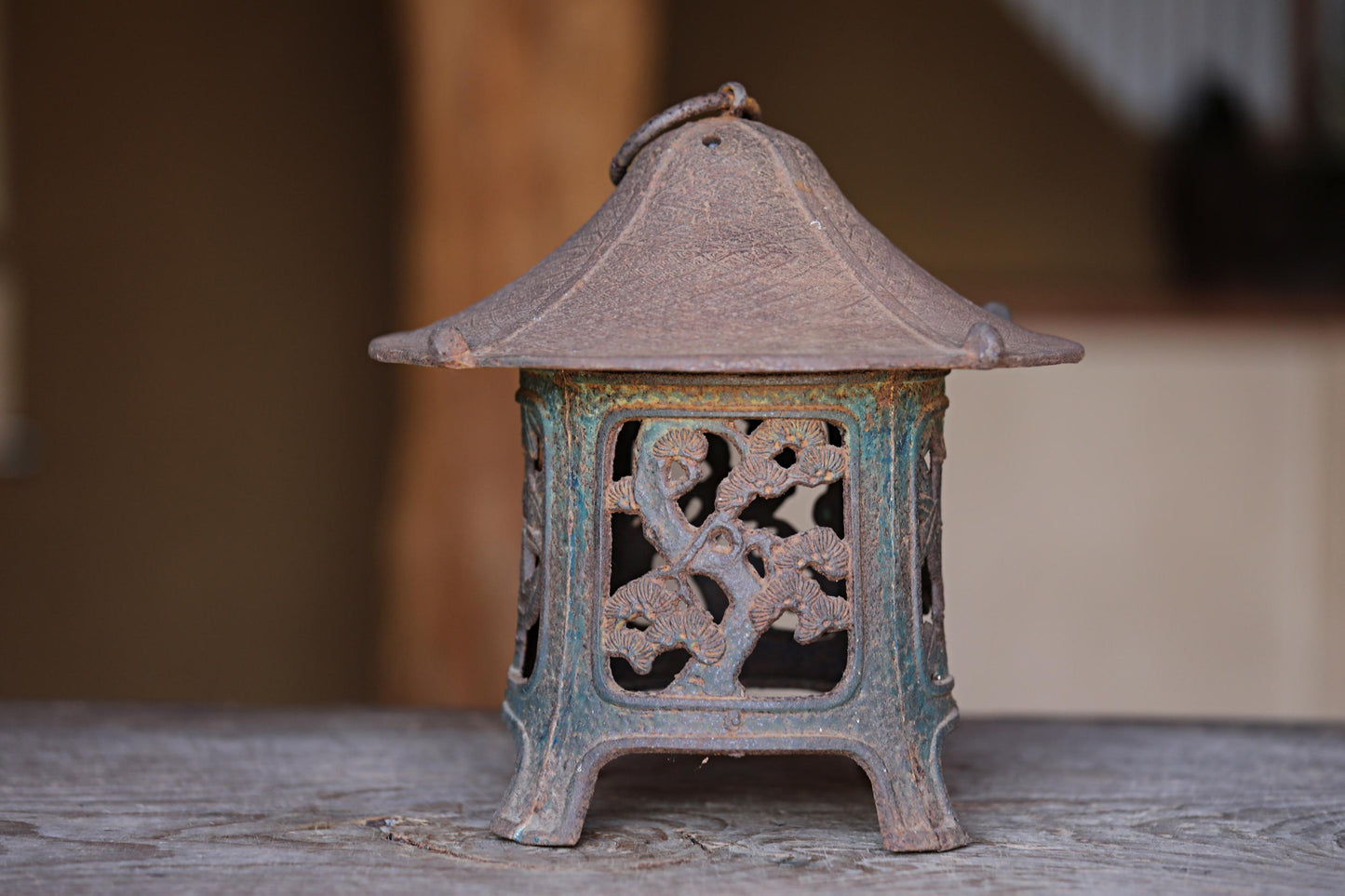Japanese vintage cast iron metal Lantern, garden lamp, Hanging Lantern furniture Tsuridoro Andon with Pine Bamboo fretwork H10.2in/H26cm