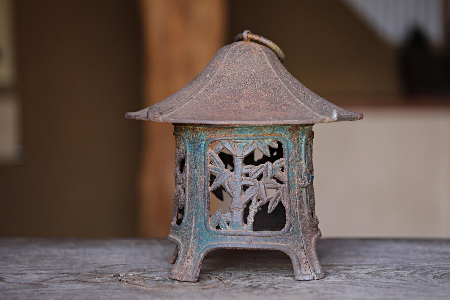 Japanese vintage cast iron metal Lantern, garden lamp, Hanging Lantern furniture Tsuridoro Andon with Pine Bamboo fretwork H10.2in/H26cm