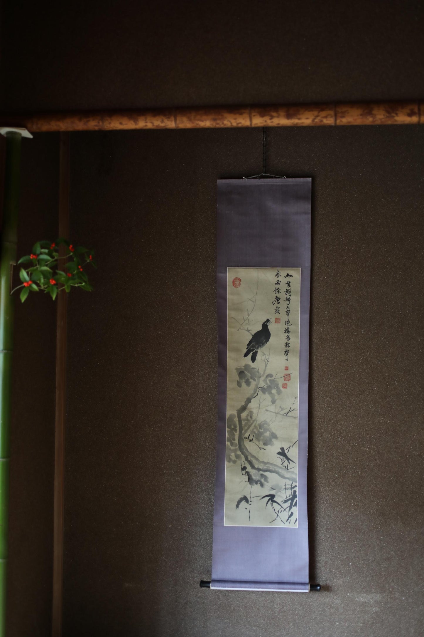Japanese Chinese antique 1900s hanging scroll of India-ink painting ,crow on tree with sign KAKEJIKU H70.5in/179cm