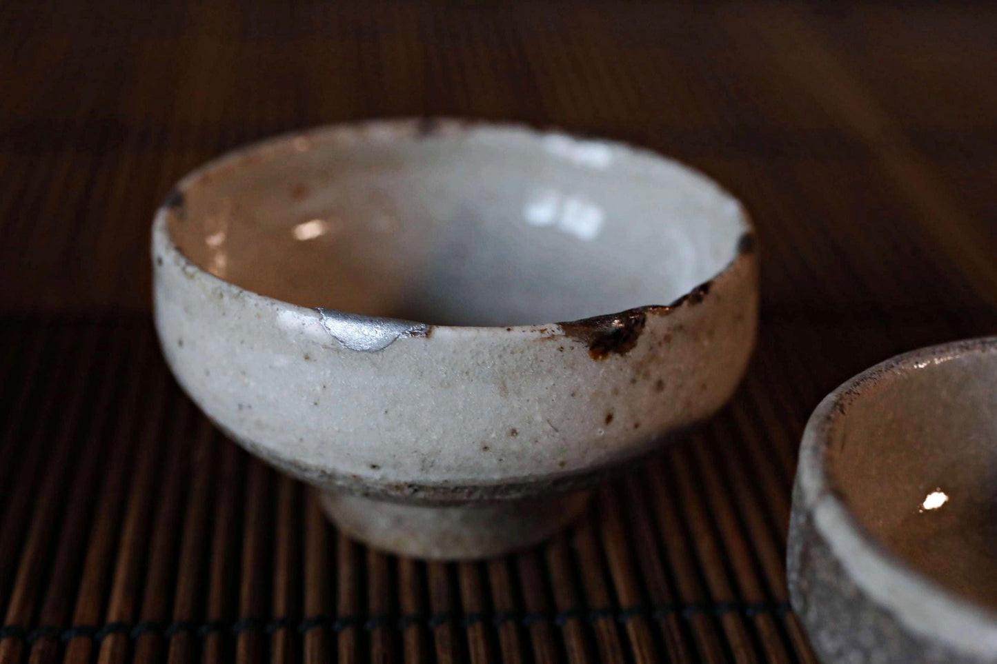 Japanese antique set of 3 small sake cup old KARATSU kintusgi silver repair "sakazuki" "guinomi" For gift 1700s H1.2×2.2in/H3×5.5cm