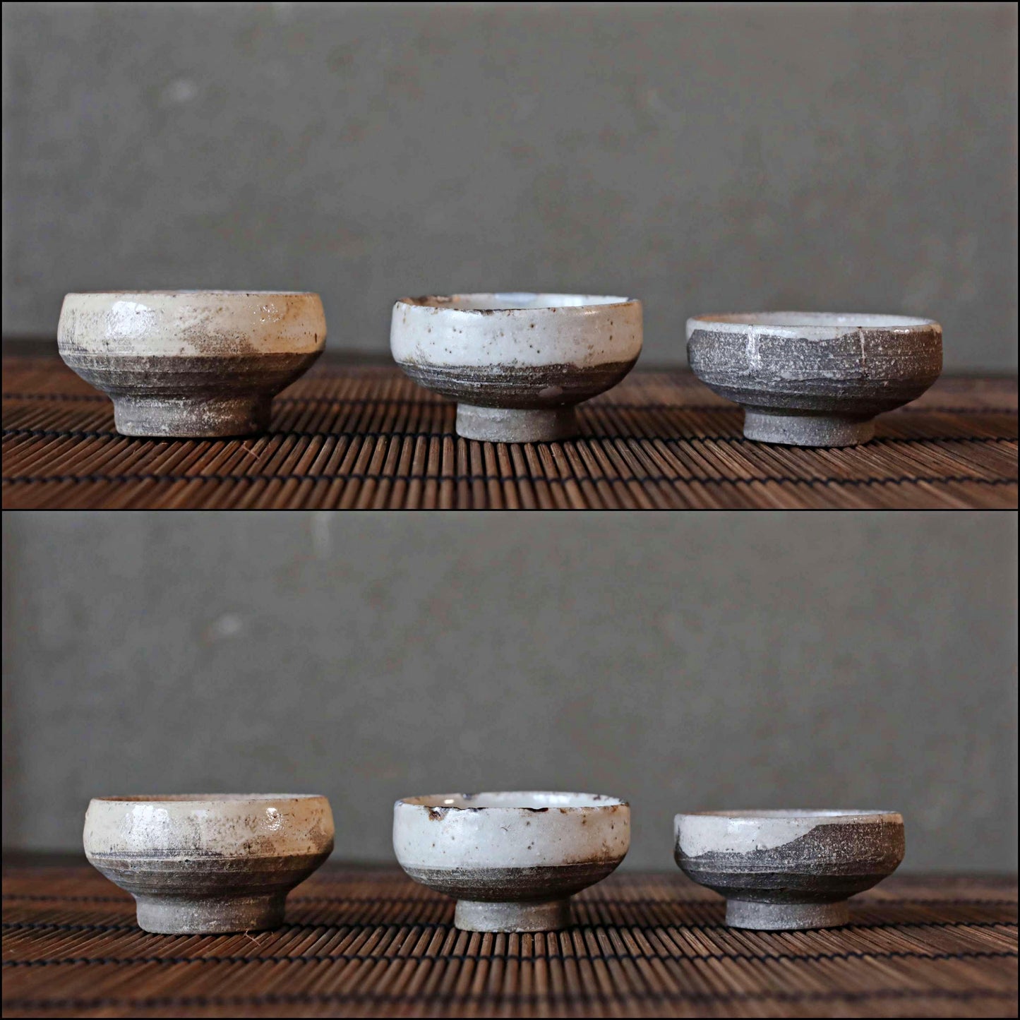 Japanese antique set of 3 small sake cup old KARATSU kintusgi silver repair "sakazuki" "guinomi" For gift 1700s H1.2×2.2in/H3×5.5cm