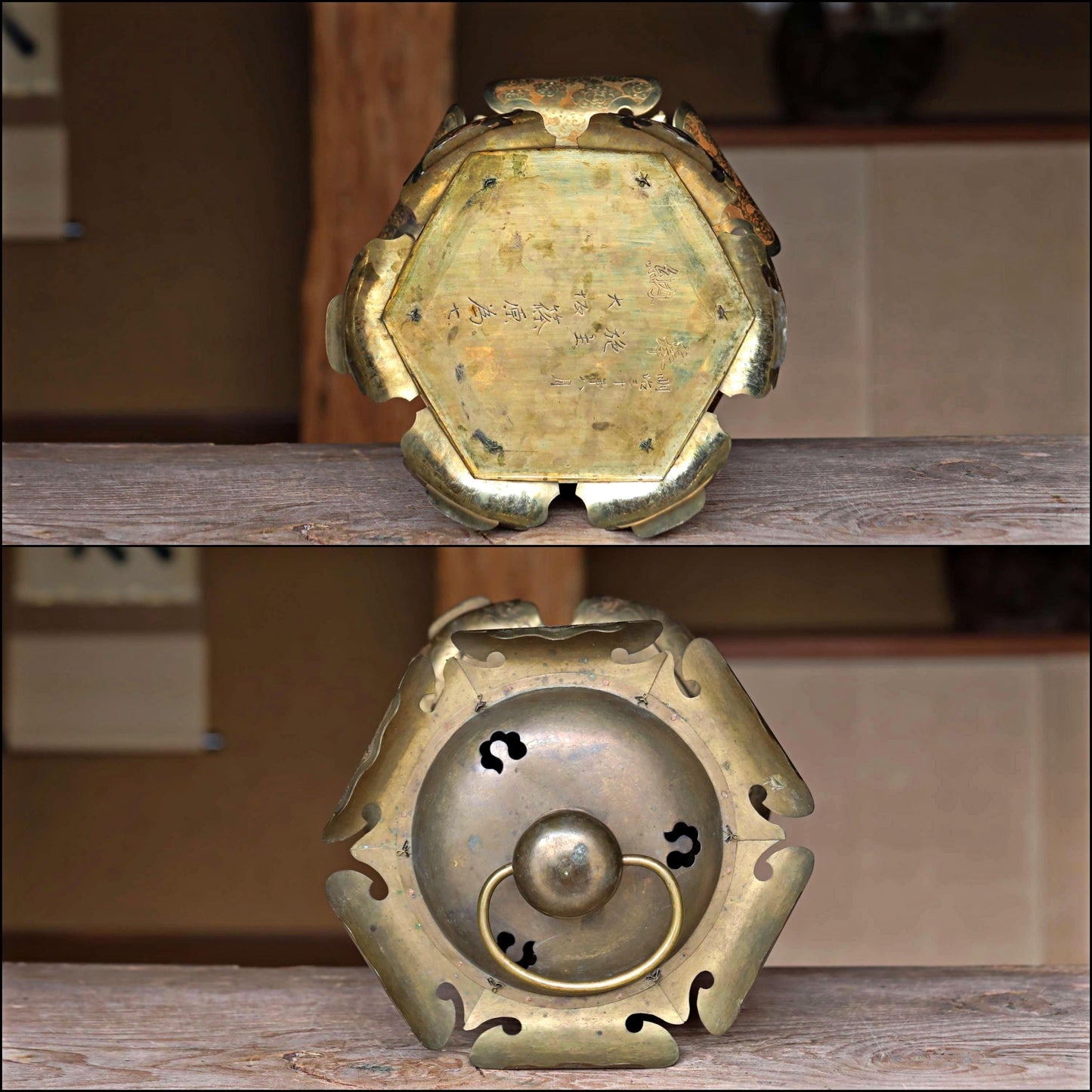 FINE! 1897s Japanese Antiques buddhist hanging lantern gold brass metal hexagonal , lotus design, from Buddhist temple H13.8in/H35cm