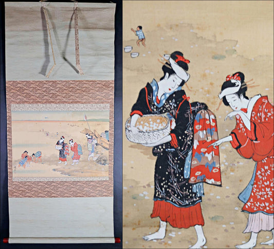 Japanese antique 1900s 輝方 sign brush watercolor hand painting scroll Mothers and Children, KAKEJIKU H47.2in/H120cm