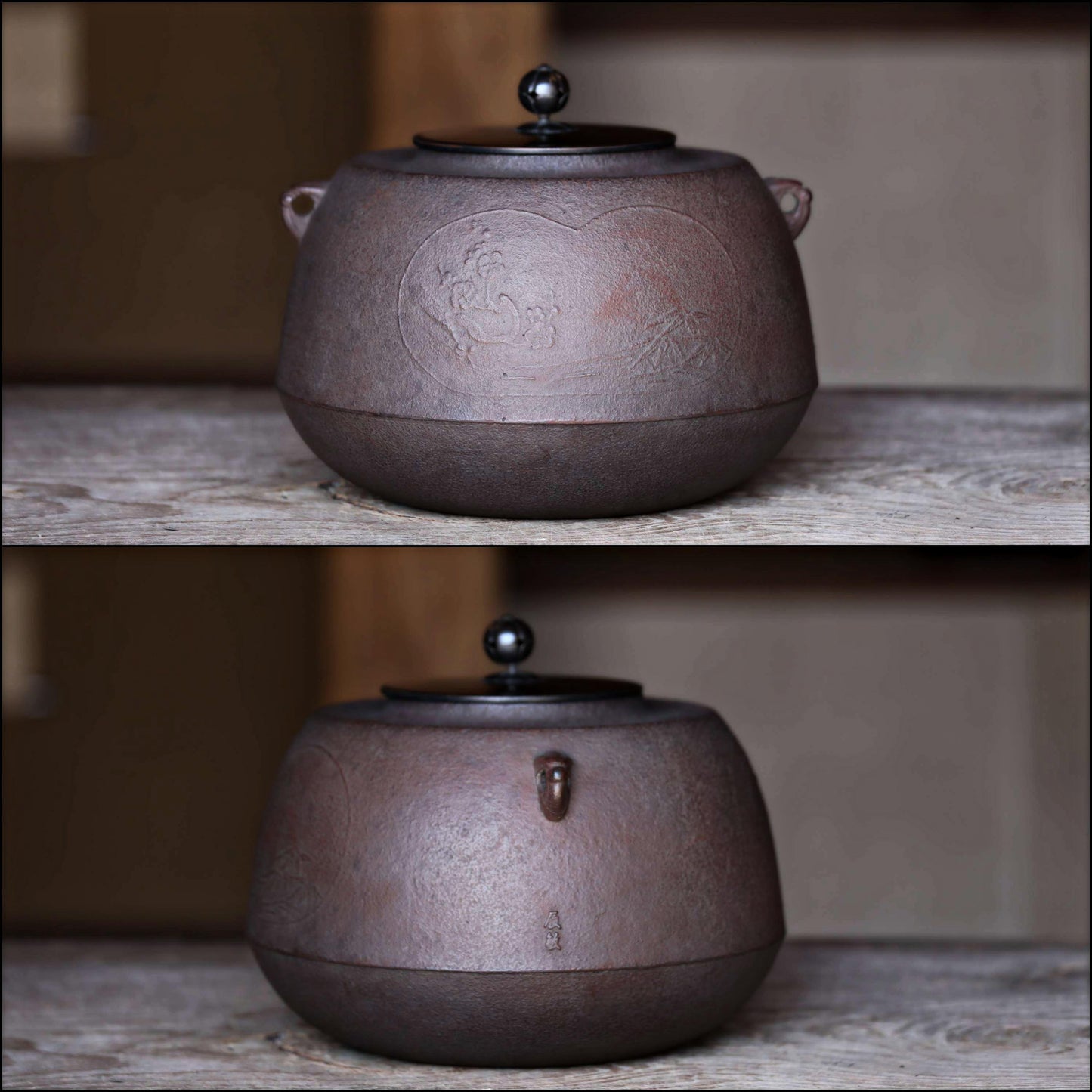 FINE! Japanese vintage cast iron kettle For Tea ceremony with Signed copper lid crane bird Chagama with BOX H7.9×9.8in/H20×25cm Ready to use