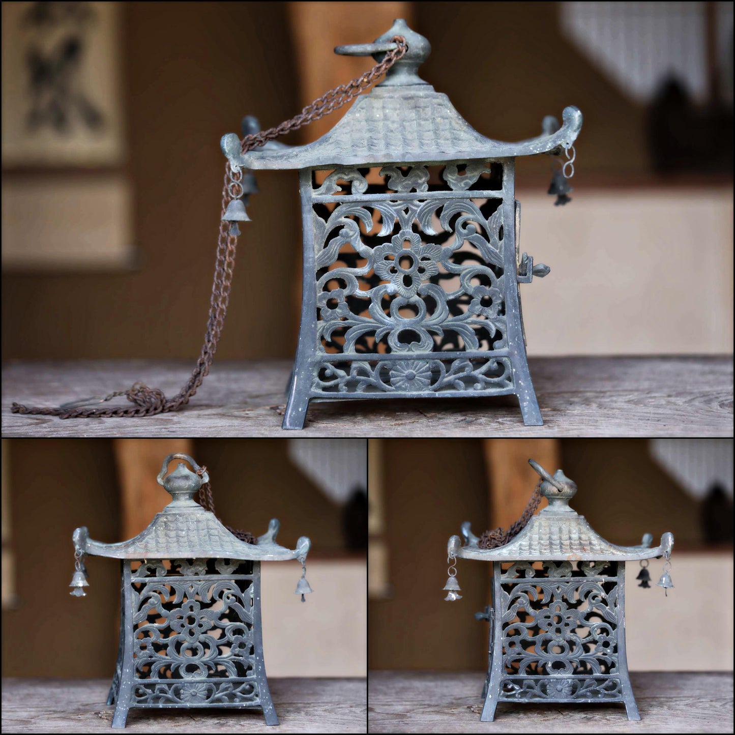 FINE! Japanese vintage bronze Lantern, garden lamp, Hanging Lantern Tsuridoro with chain bells and arabesque open work H10.8in/H27.5cm