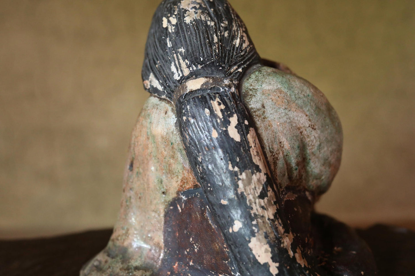 RARE!!Japanese antique ceramic doll お多福OTAFUKU OKAME ornament happy smile woman with folding fan Edo 1800s H5.1×5.3in/ H13×13.5cm