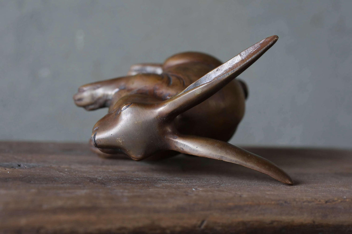 FINE! Japanese vintage bronze rabbit statue ornament doll with Kanji signature 1950s Japanese interior metal animal craft H5.5in/H14cm