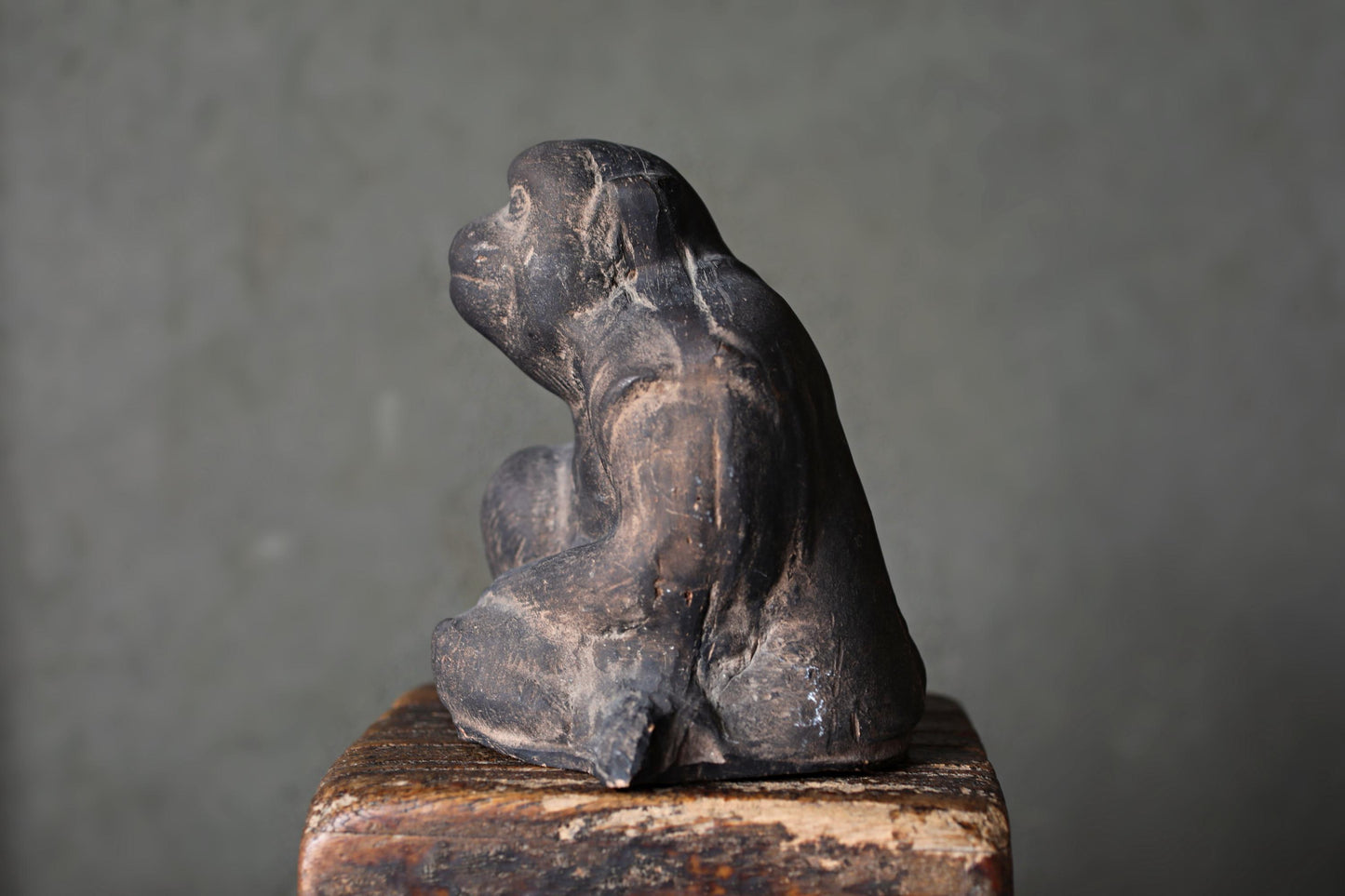 Japanese antique 1700s clay figurine Sitting and smiling Monkey doll statue animal ornament pottery statue hand craft H6.5in/H16.5cm