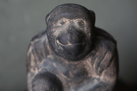 Japanese antique 1700s clay figurine Sitting and smiling Monkey doll statue animal ornament pottery statue hand craft H6.5in/H16.5cm
