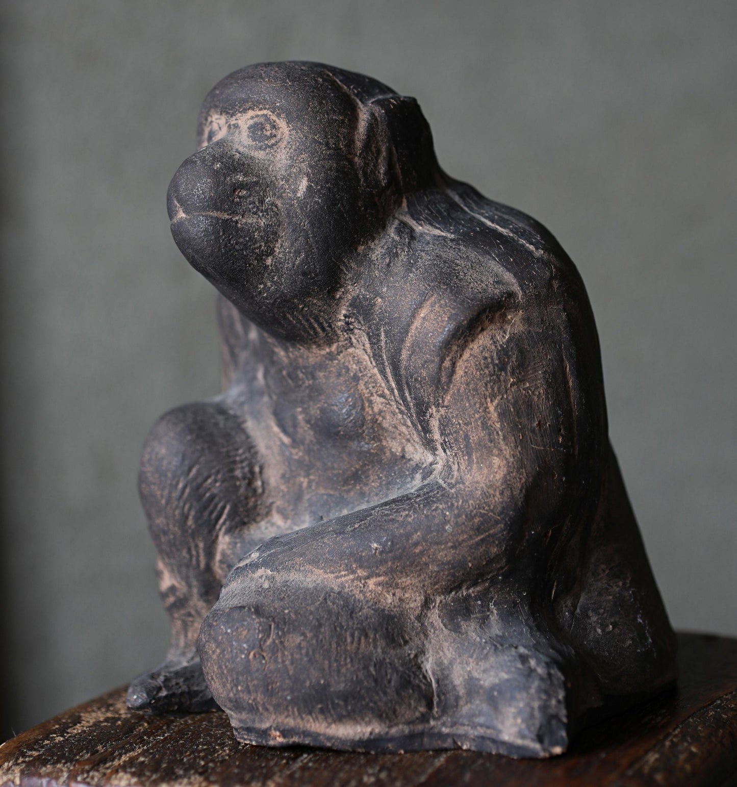 Japanese antique 1700s clay figurine Sitting and smiling Monkey doll statue animal ornament pottery statue hand craft H6.5in/H16.5cm