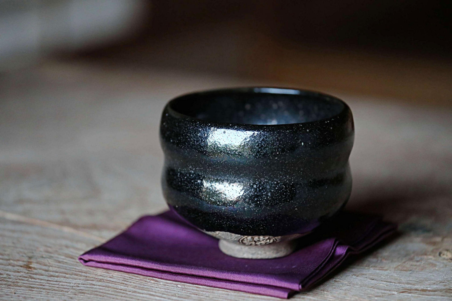 FINE! green tea bowl Japanese Antique 1920s Black 楽RAKU CHAWAN signature handmade Matcha Tea Cup Tea Ceremony kiln with box W4.5in/W11.5cm