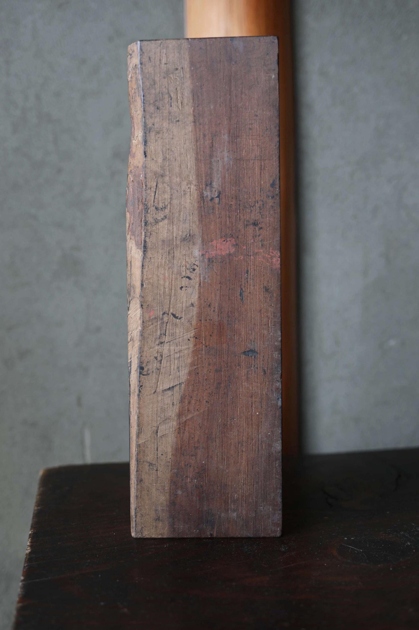 Japanese antique 1900s hand carved wood block for talisman of Shinto shrine for ”sericulture" and "ward off evil" H13.4x3.3in/H34x8.4cm
