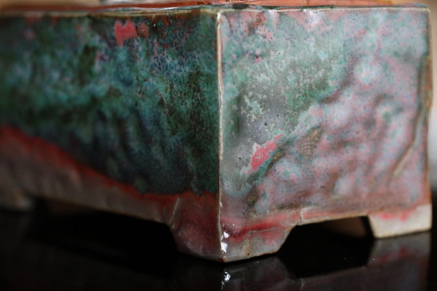 RARE! Japanese vintage ceramic censer incense burner Signed with dragon cloud diamond shape Green cinnabar glaze For GIFT W5.5in/W14cm