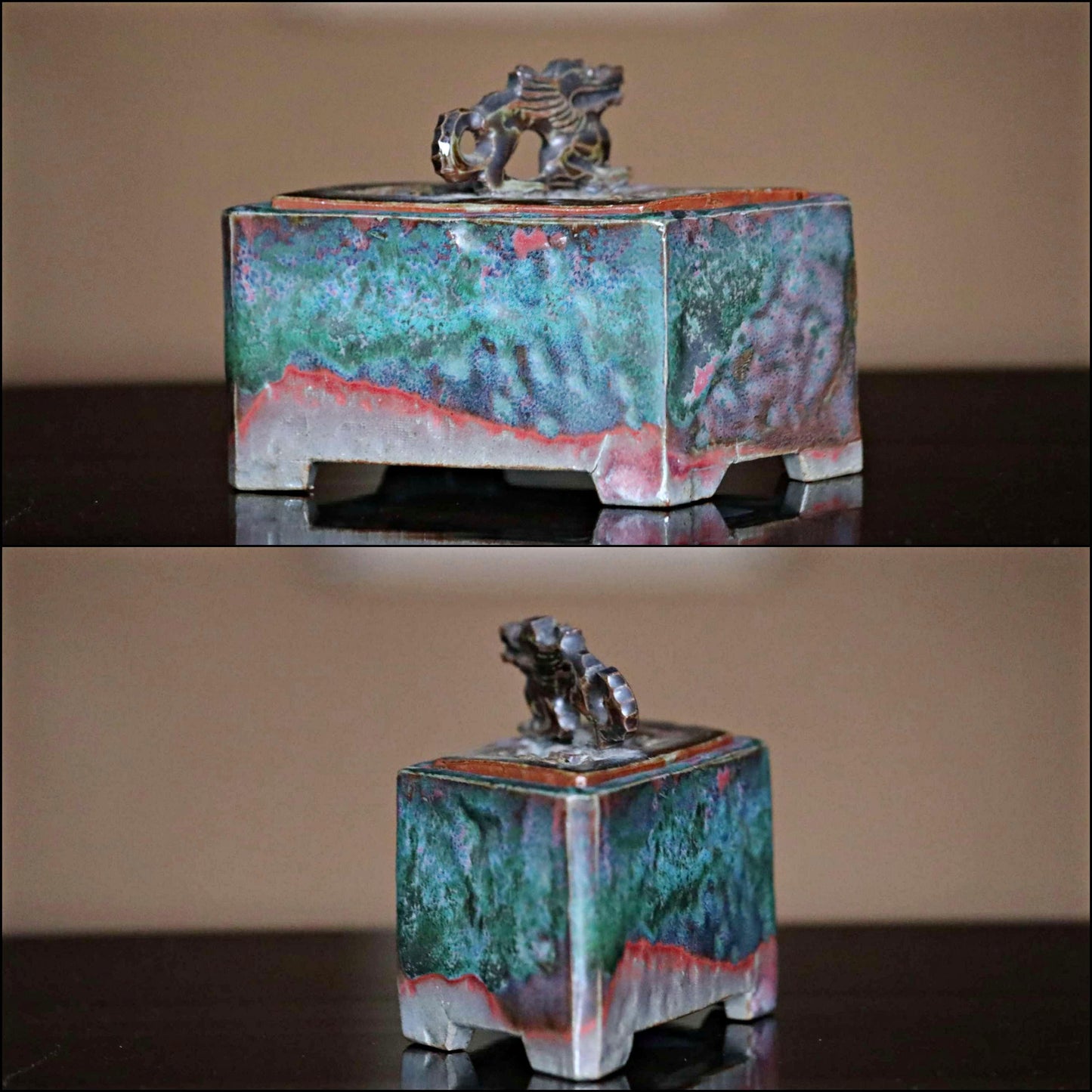 RARE! Japanese vintage ceramic censer incense burner Signed with dragon cloud diamond shape Green cinnabar glaze For GIFT W5.5in/W14cm