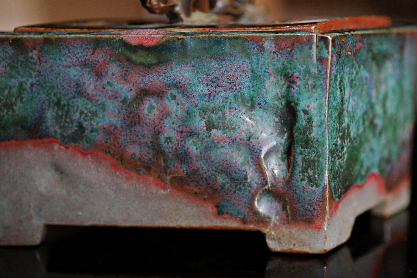 RARE! Japanese vintage ceramic censer incense burner Signed with dragon cloud diamond shape Green cinnabar glaze For GIFT W5.5in/W14cm