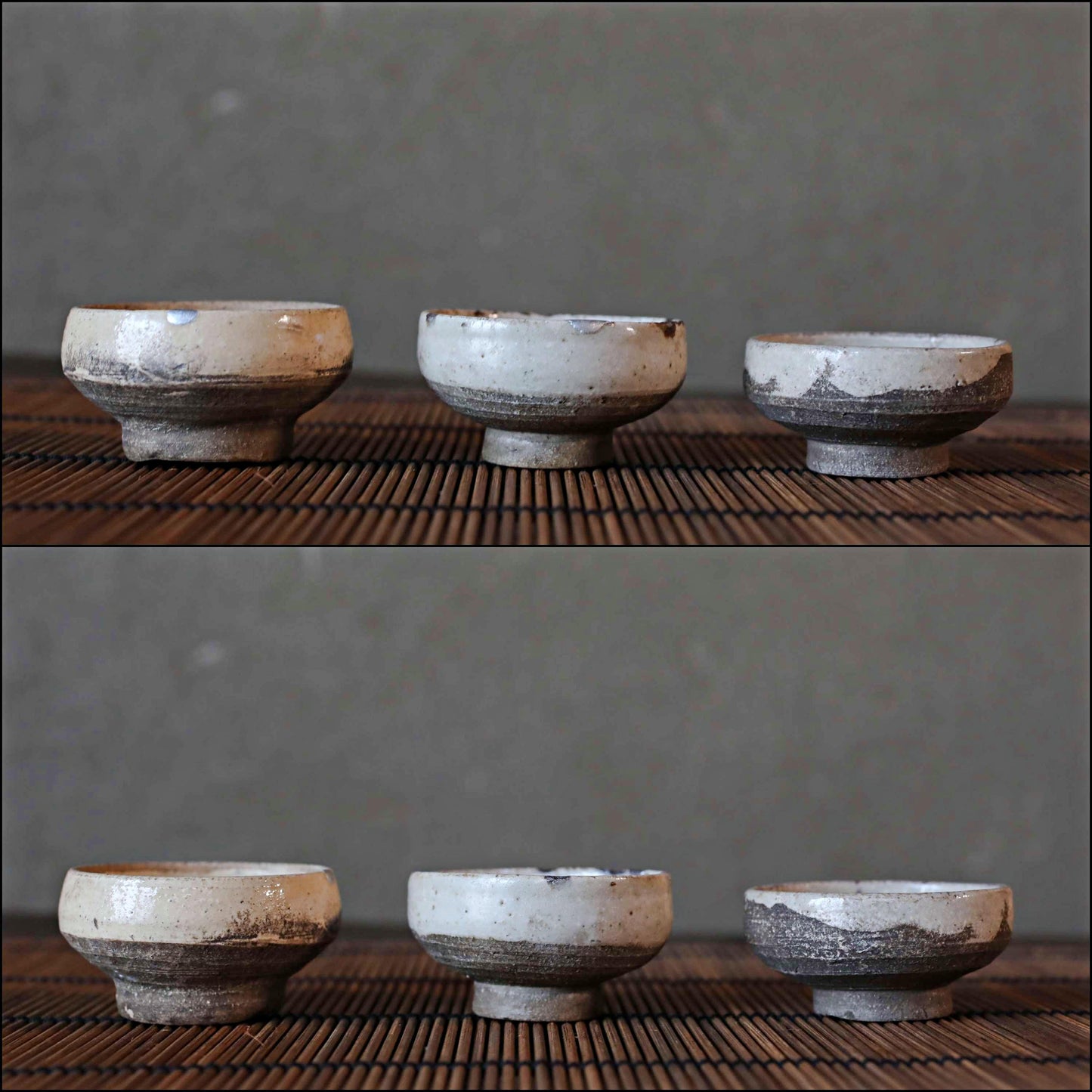 Japanese antique set of 3 small sake cup old KARATSU kintusgi silver repair "sakazuki" "guinomi" For gift 1700s H1.2×2.2in/H3×5.5cm