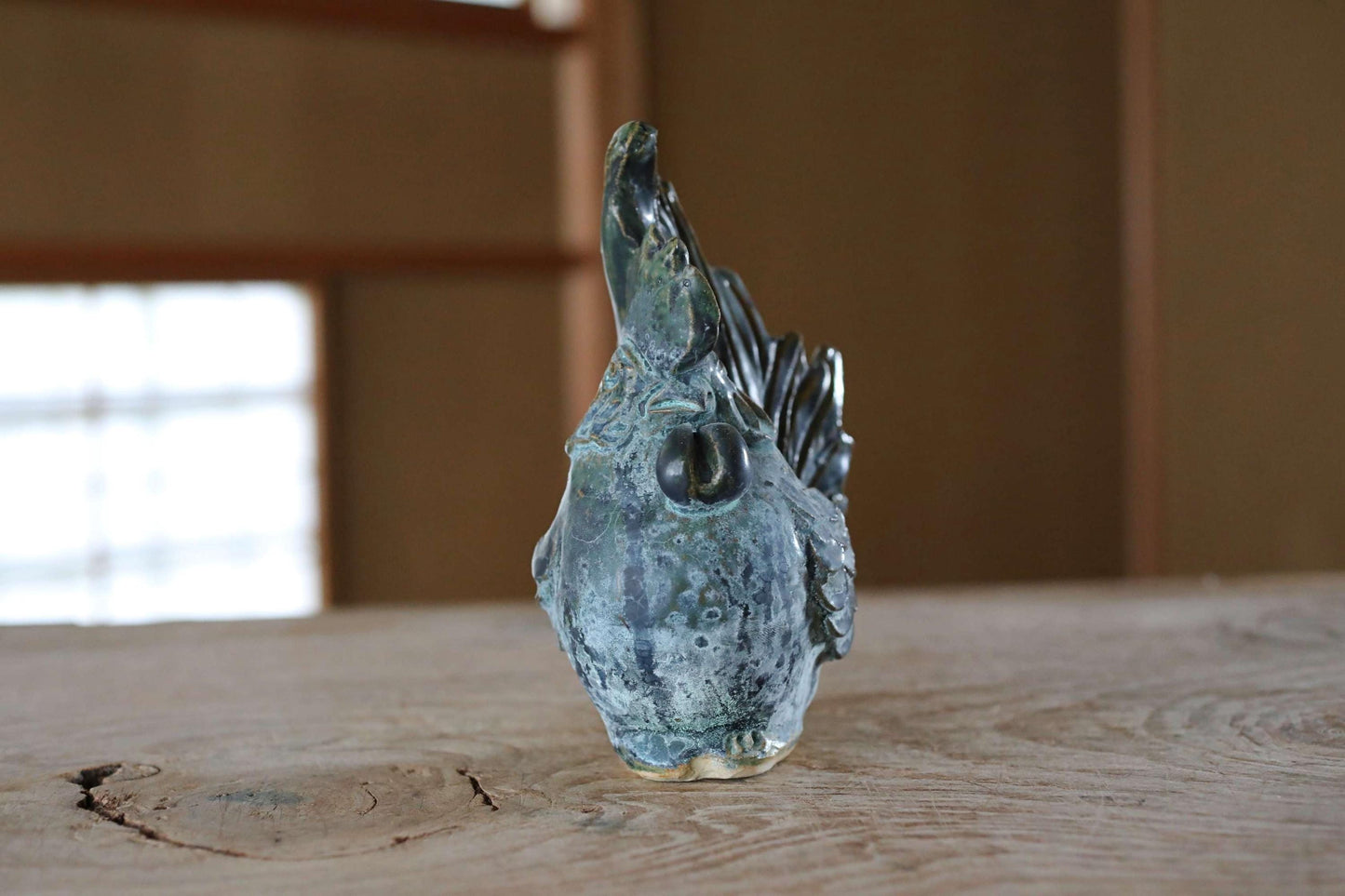 Japanese hen doll made of pottery Blue copper-like glaze hand made animal ornament Kanji Signature zodiac H6.9×4.7in/17.5×12cm