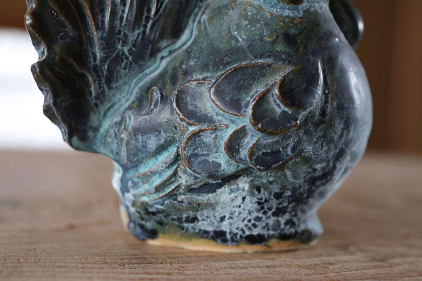 Japanese hen doll made of pottery Blue copper-like glaze hand made animal ornament Kanji Signature zodiac H6.9×4.7in/17.5×12cm