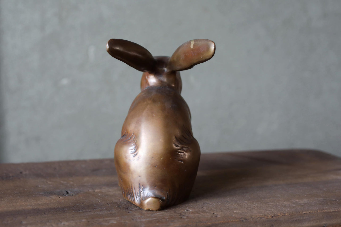 FINE! Japanese vintage bronze rabbit statue ornament doll with Kanji signature 1950s Japanese interior metal animal craft H5.5in/H14cm