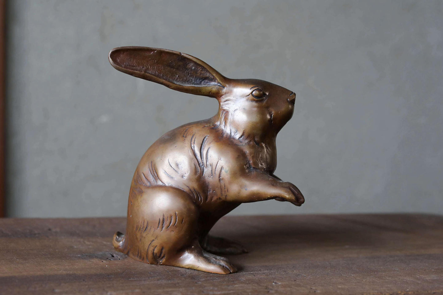 FINE! Japanese vintage bronze rabbit statue ornament doll with Kanji signature 1950s Japanese interior metal animal craft H5.5in/H14cm