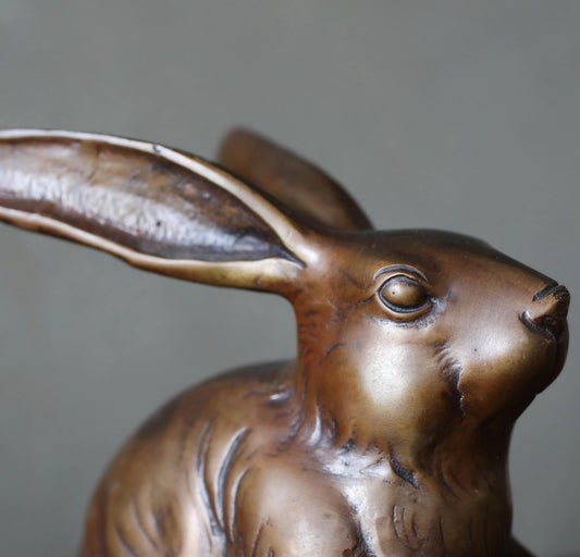 FINE! Japanese vintage bronze rabbit statue ornament doll with Kanji signature 1950s Japanese interior metal animal craft H5.5in/H14cm