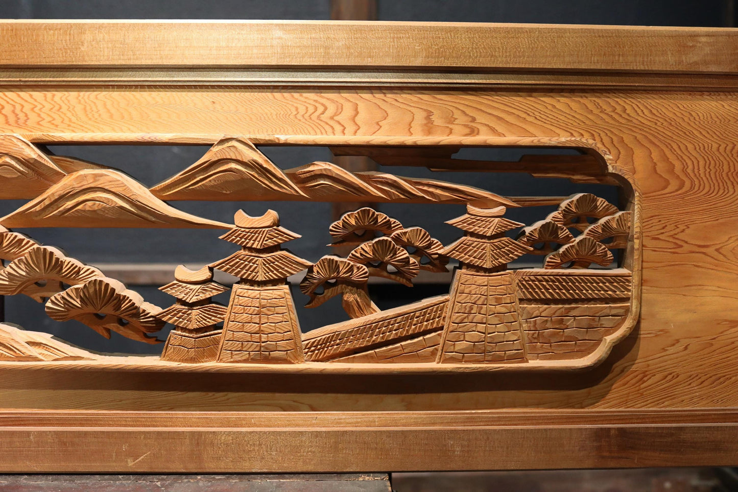 Pair of Japanese vintage furniture RANMA Wooden sculpture carving openwork Views of Japan Pine tree,Building, Islands, W70.3in/W178.5cm