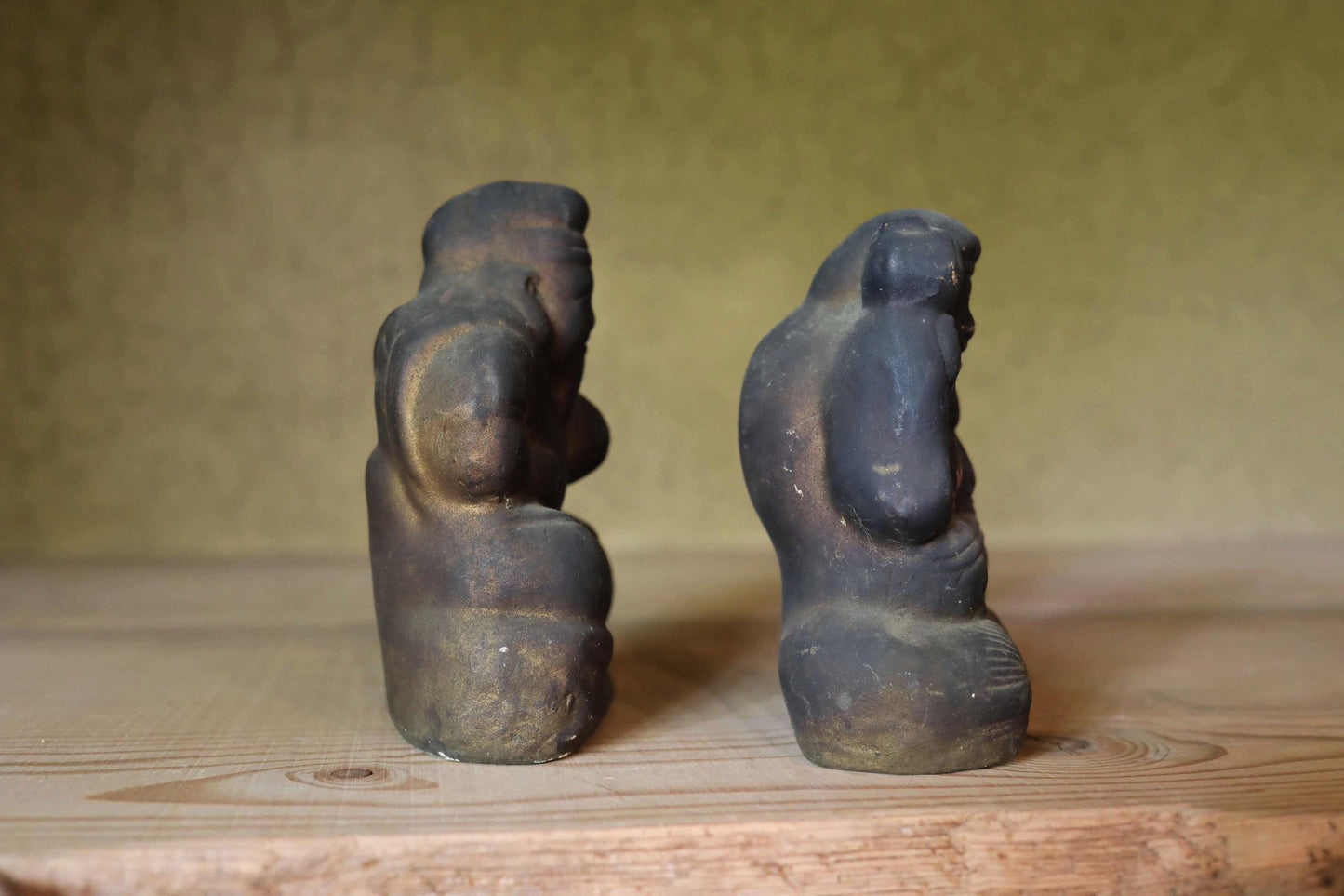 Japanese antique 1800s soot-stained pottery dolls of two gods, Ebisu and Daikoku, the Seven Lucky Gods,  Edo handmade craft H6.5in/16.5cm