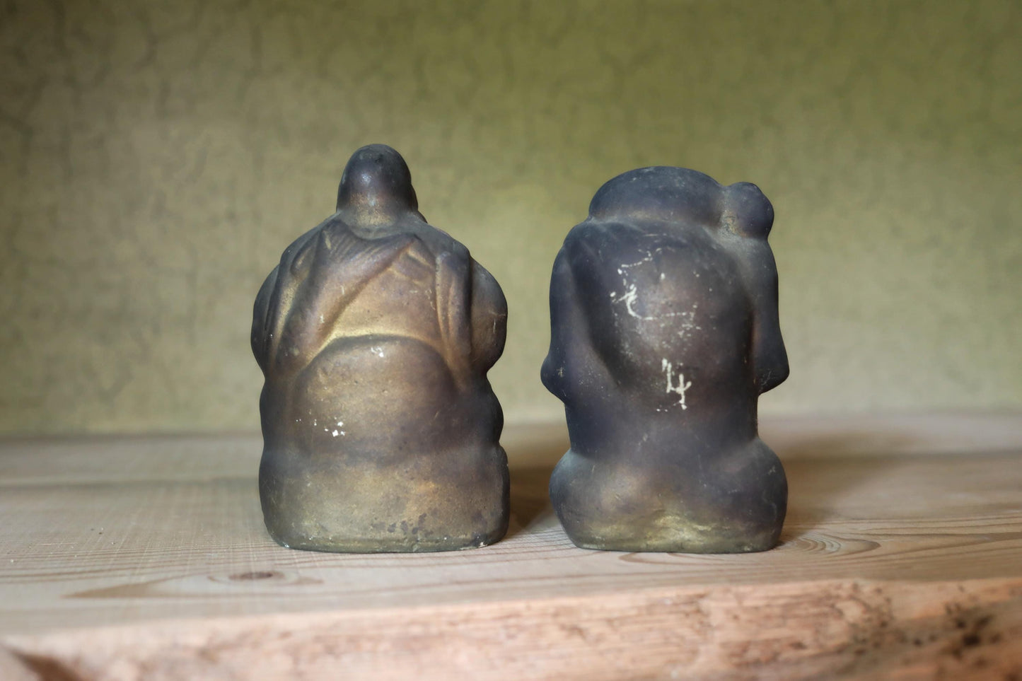 Japanese antique 1800s soot-stained pottery dolls of two gods, Ebisu and Daikoku, the Seven Lucky Gods,  Edo handmade craft H6.5in/16.5cm