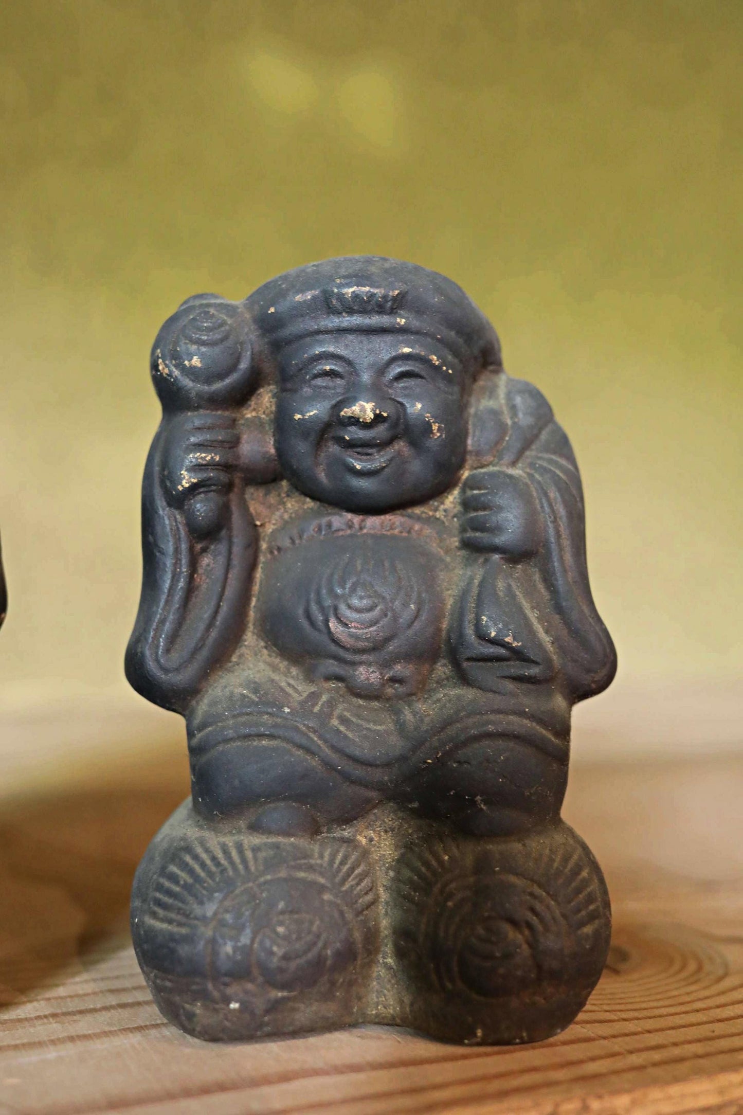 Japanese antique 1800s soot-stained pottery dolls of two gods, Ebisu and Daikoku, the Seven Lucky Gods,  Edo handmade craft H6.5in/16.5cm