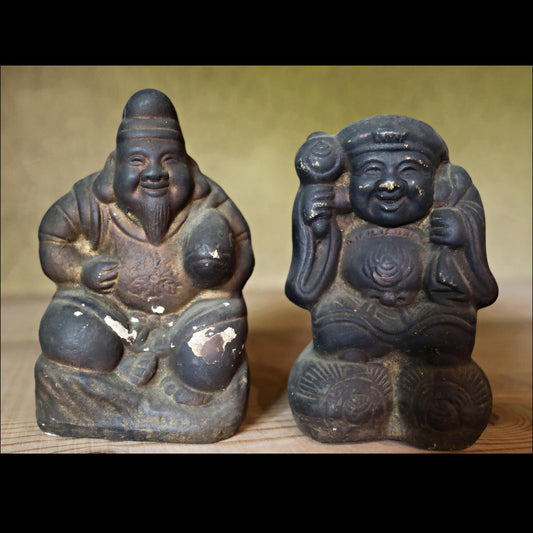 Japanese antique 1800s soot-stained pottery dolls of two gods, Ebisu and Daikoku, the Seven Lucky Gods,  Edo handmade craft H6.5in/16.5cm