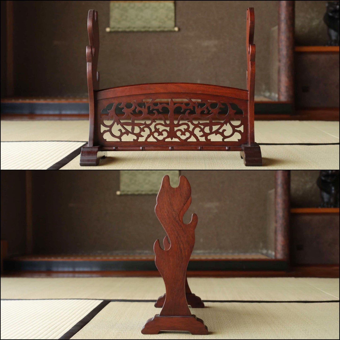 FINE! Japanese vintage furniture KARAKI rosewood wooden lacquer sword rack with openwork Shogun Sword KATANA rack H16.1×W18.4in/H41×46.7cm