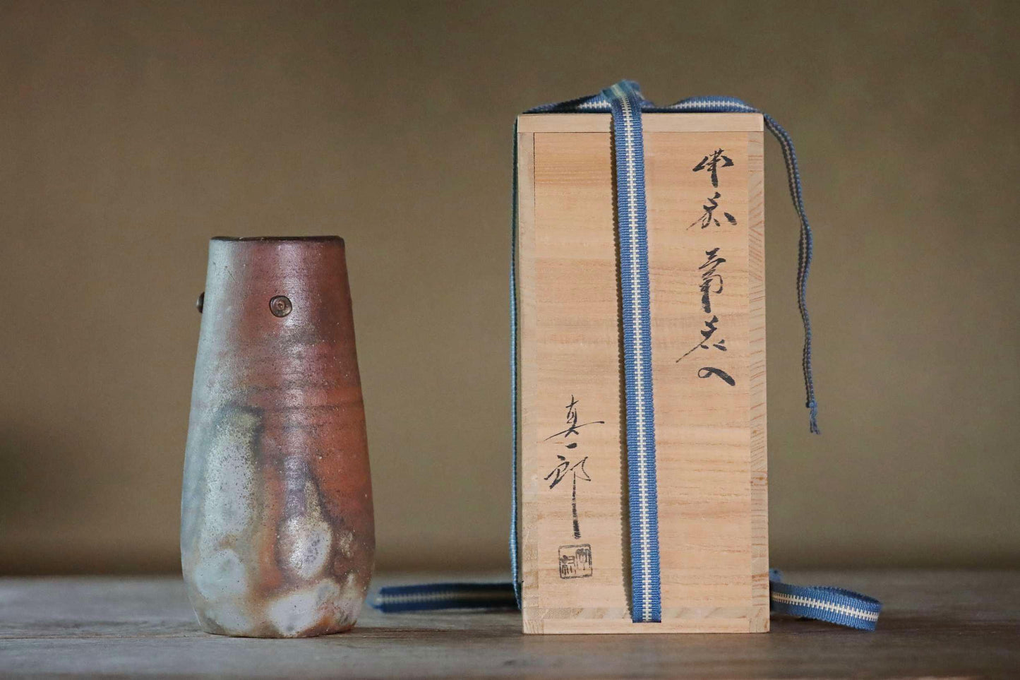 Japanese vintage vase "BIZEN ware" pottery flower vase, square tube shape with Kanji signed and wooden box For GIFT H7.4×3.3in/18.8x8.5cm