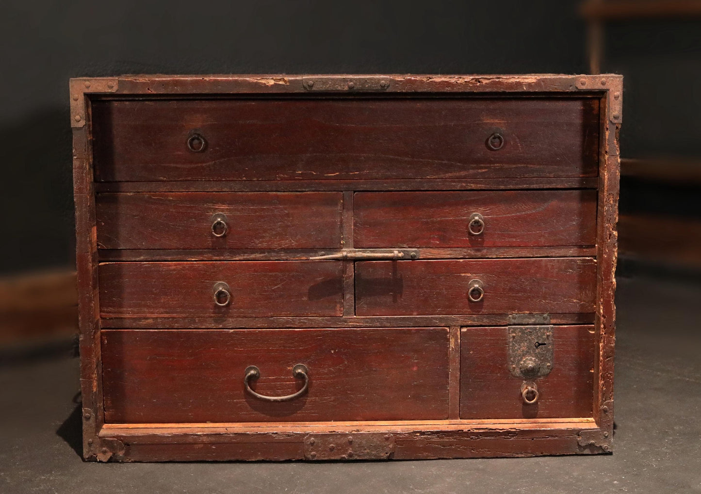 Japanese antique furniture wooden box Chest of Drawers "TANSU" cabinet 7 drawers Kanji signature 1800s Edo H17.9×W25×D14.8in