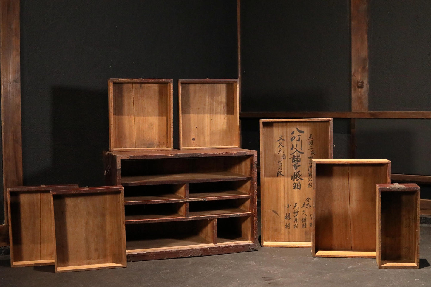 Japanese antique furniture wooden box Chest of Drawers "TANSU" cabinet 7 drawers Kanji signature 1800s Edo H17.9×W25×D14.8in
