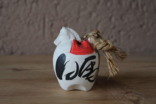Japanese pottery bell white horse animal doll with 白馬 Hakuba poem Paper weight, Ornaments Japanese vintage small bell H2.9in/7.3cm