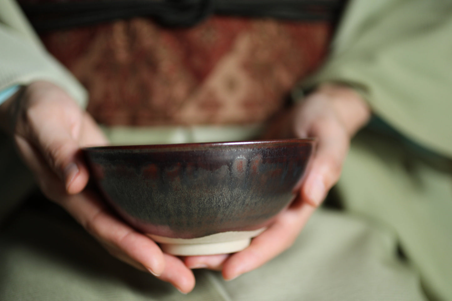 Green tea bowl Japanese antique CHAWAN Rikyu利休"TAKATORI"ware handmade Matcha Cup Tea Ceremony pottery with box signatureH2.4×5.1in