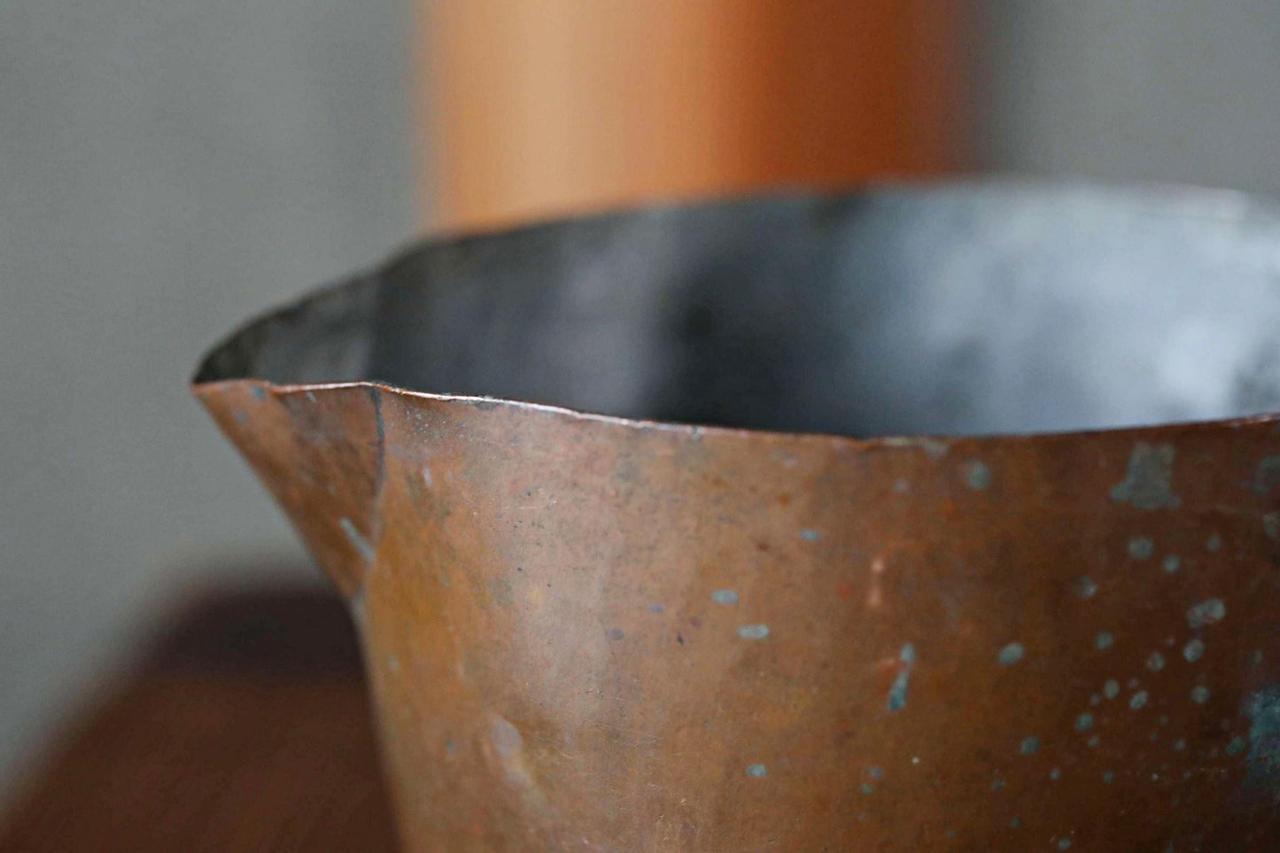 Japanese antique sake pot keeping warm made of copper atsukan pot with Kanji signed shop name 1930s H6.7×W5.3in/H17×W13.5cm