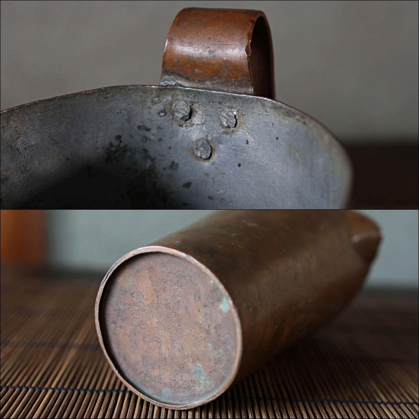 Japanese antique sake pot keeping warm made of copper atsukan pot with Kanji signed shop name 1930s H6.7×W5.3in/H17×W13.5cm