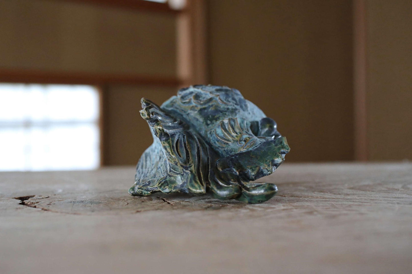 Japanese hen doll made of pottery Blue copper-like glaze hand made animal ornament Kanji Signature zodiac H6.9×4.7in/17.5×12cm