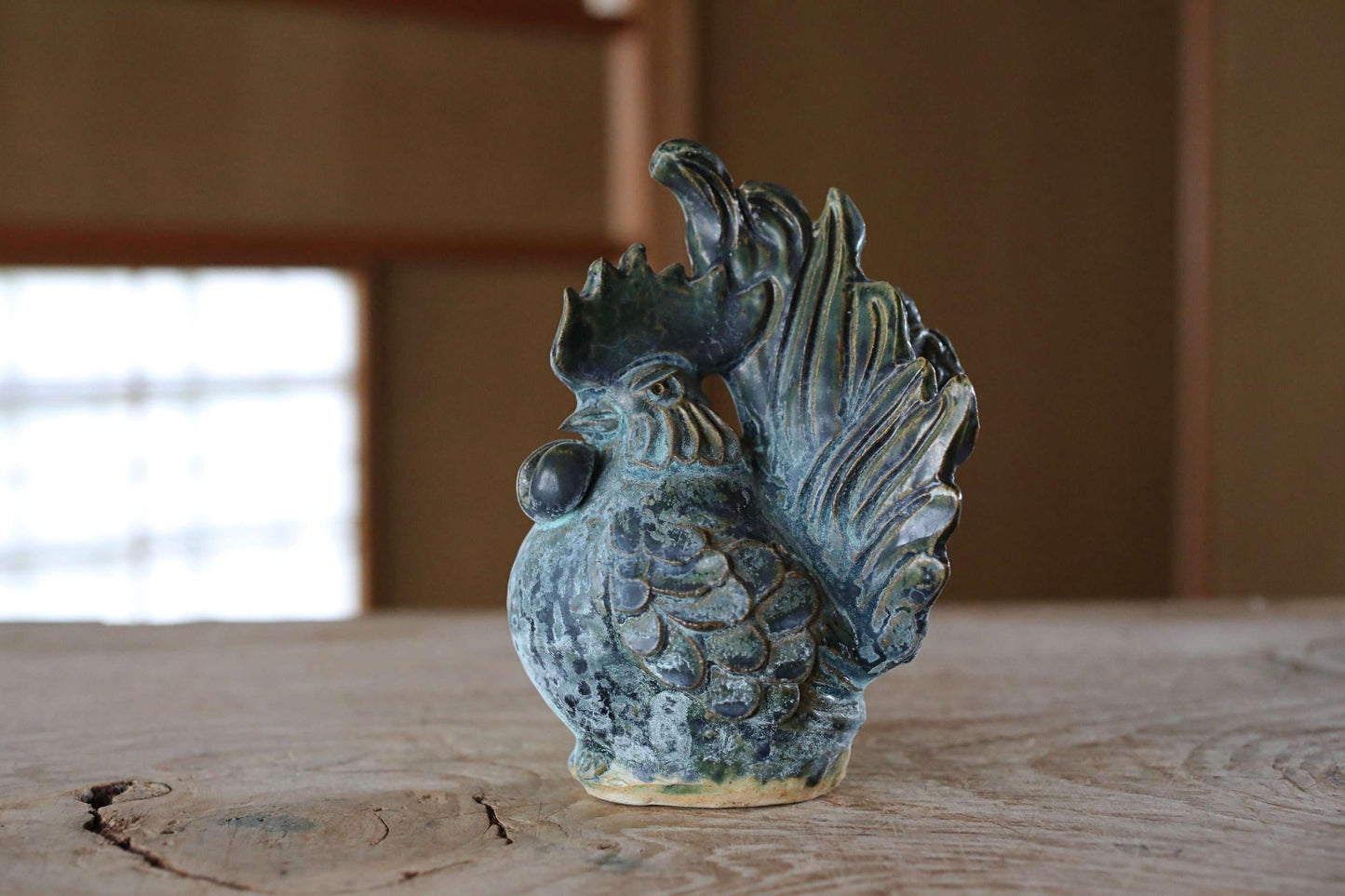 Japanese hen doll made of pottery Blue copper-like glaze hand made animal ornament Kanji Signature zodiac H6.9×4.7in/17.5×12cm