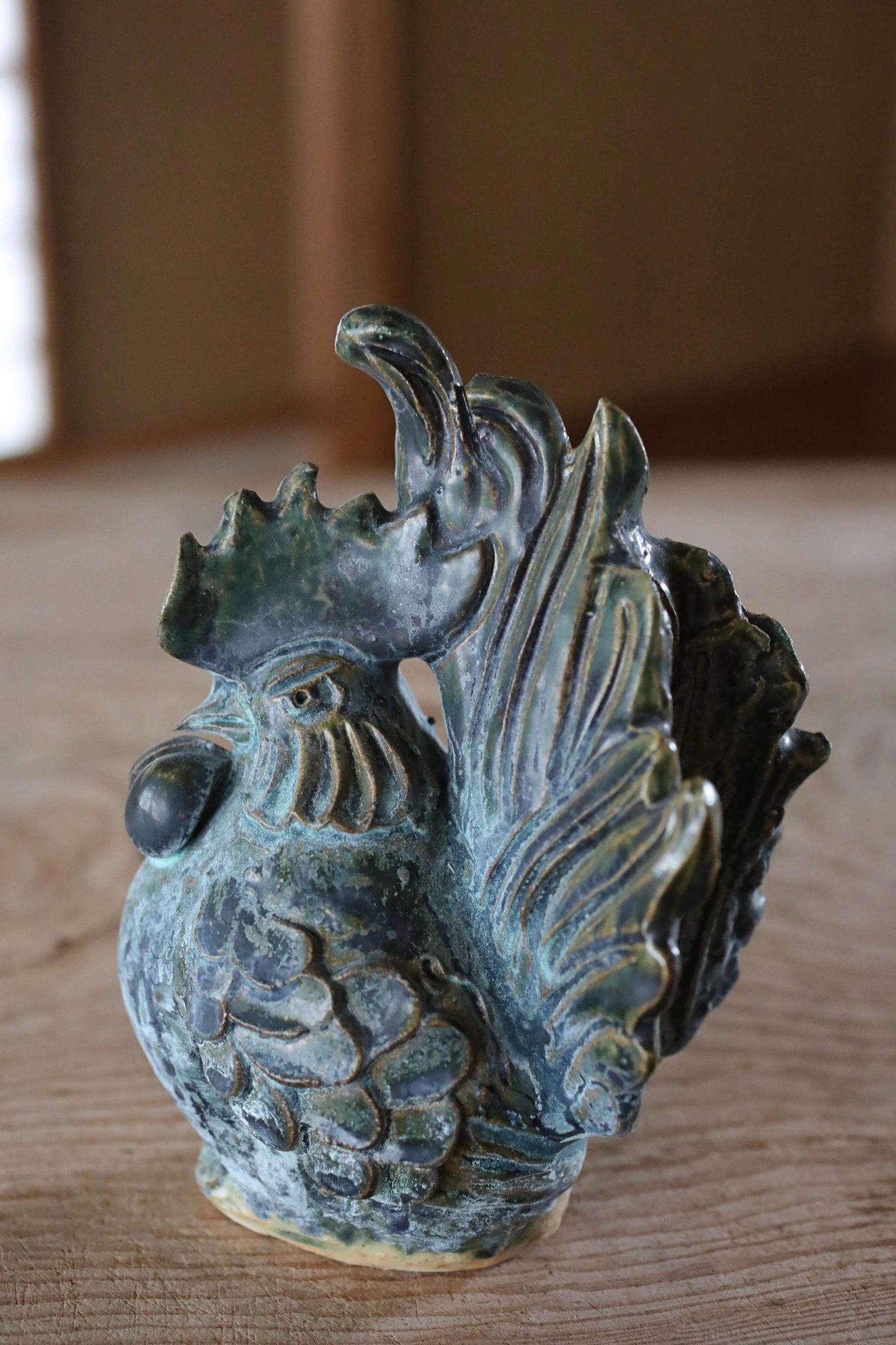 Japanese hen doll made of pottery Blue copper-like glaze hand made animal ornament Kanji Signature zodiac H6.9×4.7in/17.5×12cm