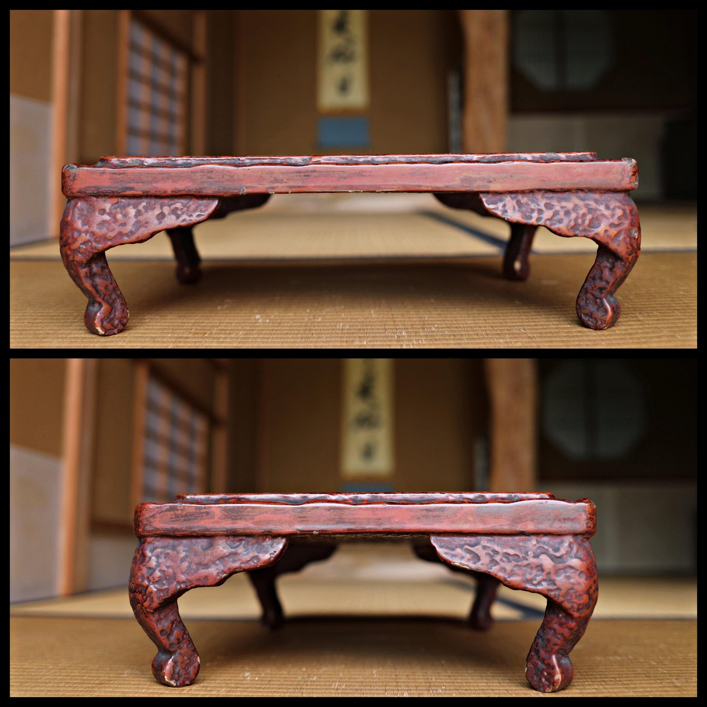 FINE! Japanese antique very thick lacquer pedestal Reddish brown color BONSAI stand, low tea table 17.9×13.2in/45.5×33.5cm