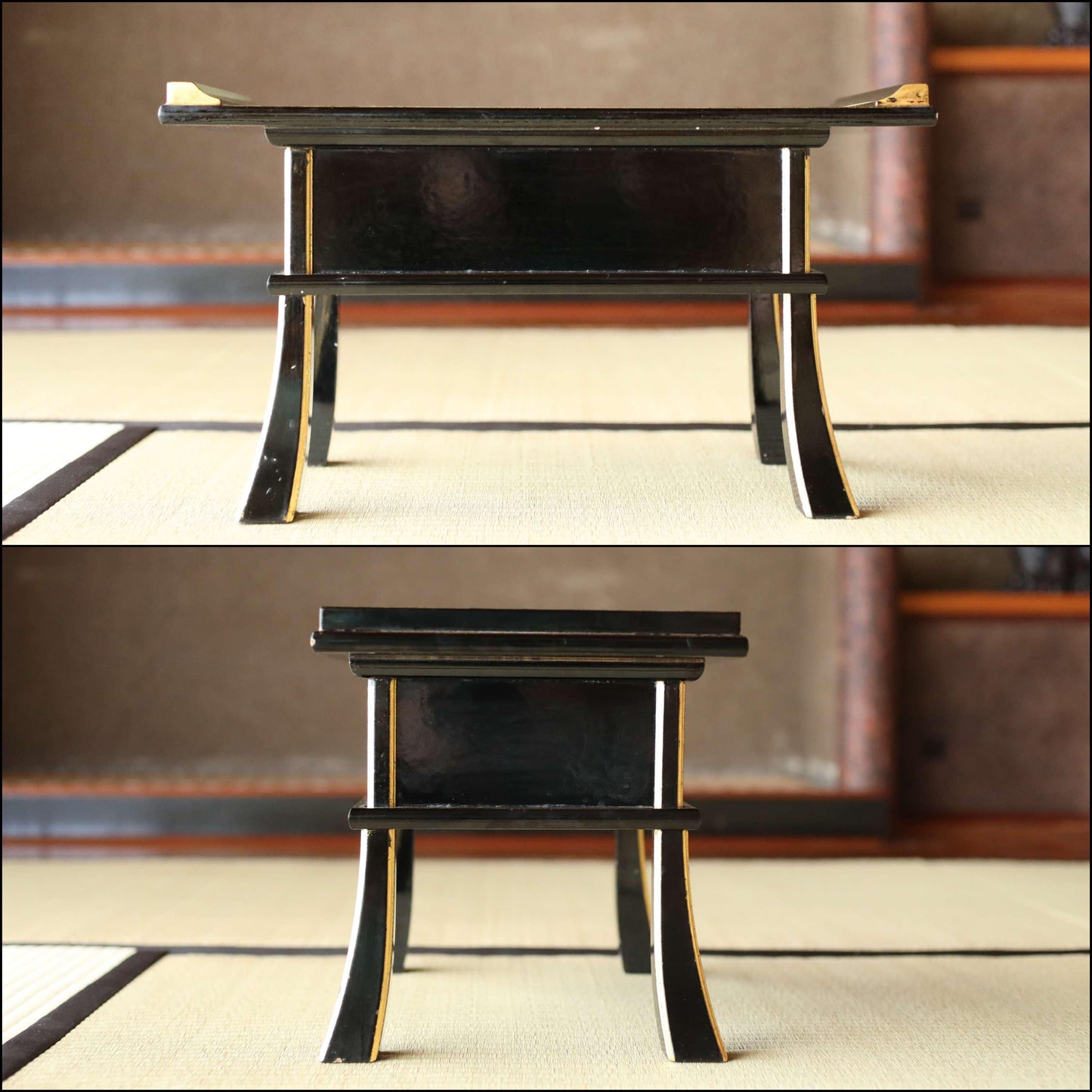 Japanese vintage lacquer pedestal, Buddhist table temple table, Buddhist Wood Stand, furniture, black Sutra desk H6.9×W19in/H17.5×W48.2cm