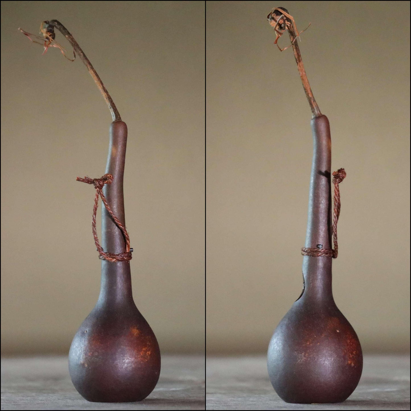 RARE! Japanese antique very light vase floral organs hand made of natural GOURD bottle with vine, wooden box, Tea ceremony H11×2.8in /28x7cm