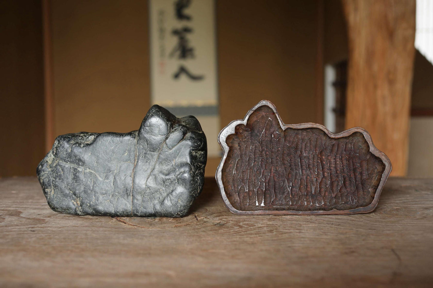 Japanese old "SUISEKI" scholars stone, indoor viewing stone, Zen garden stone, with a hand carved pedestal  H4.7 x W8.3in / 12 x 21cm