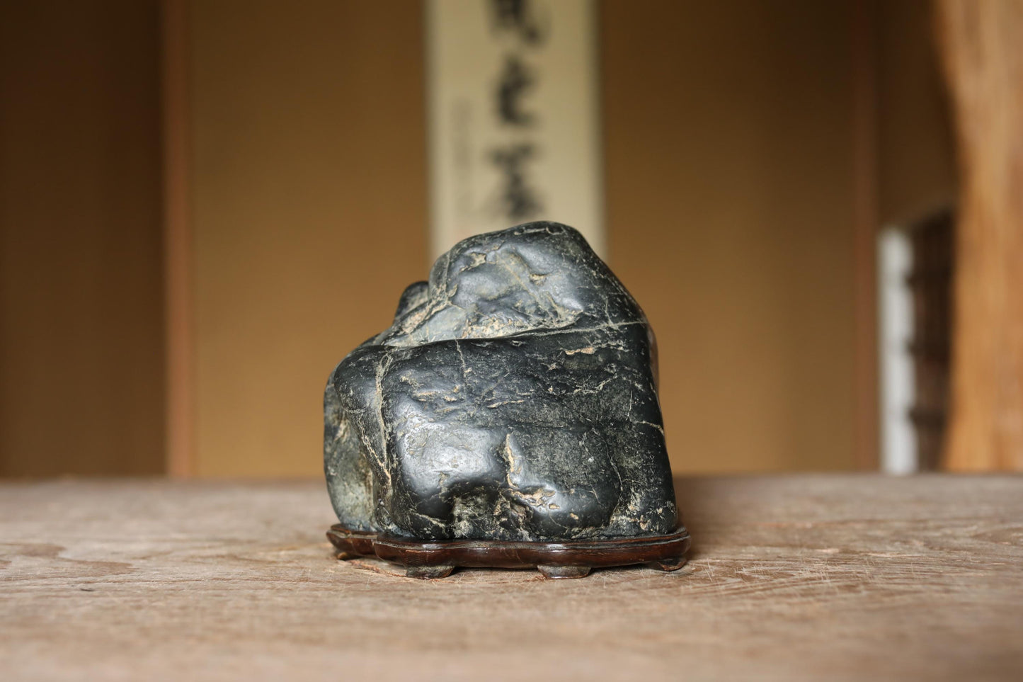 Japanese old "SUISEKI" scholars stone, indoor viewing stone, Zen garden stone, with a hand carved pedestal  H4.7 x W8.3in / 12 x 21cm