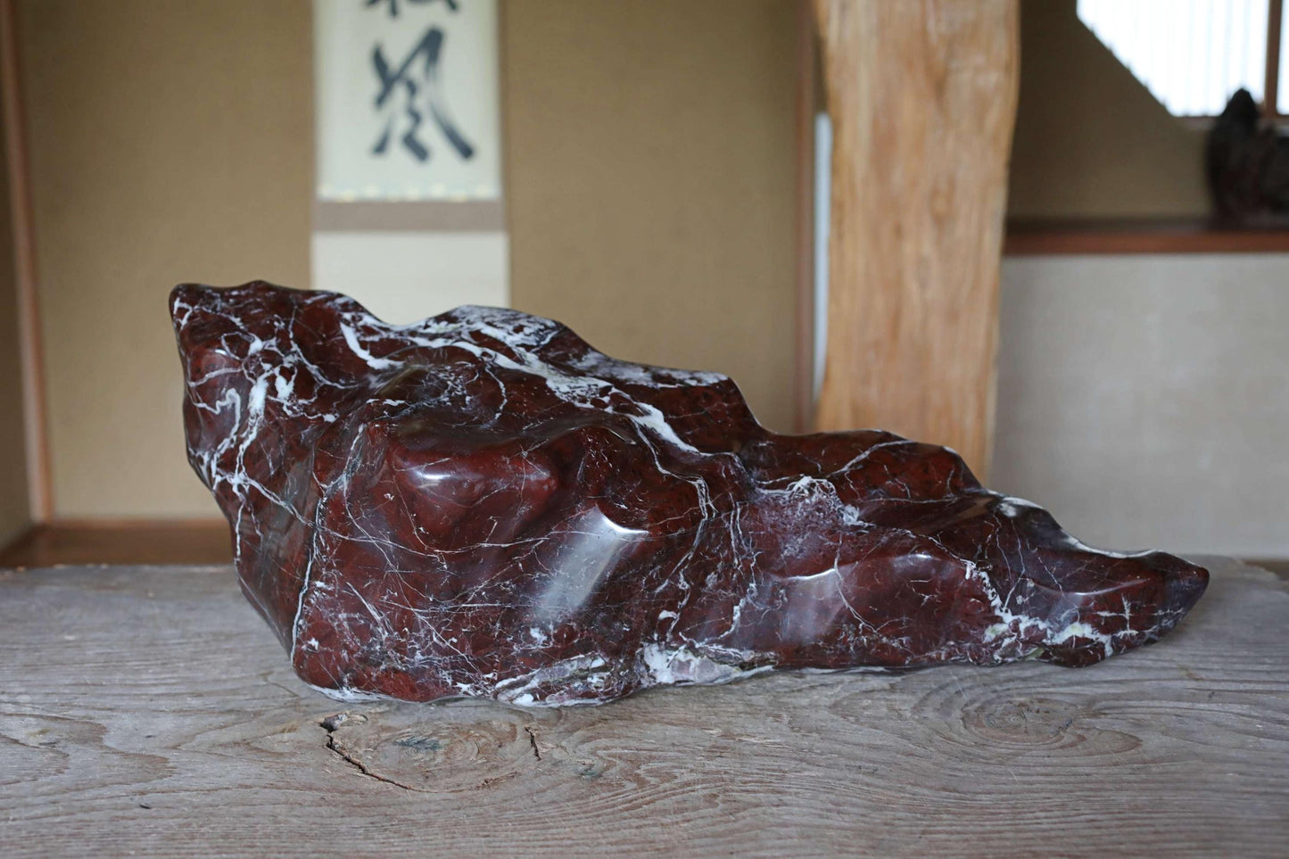 BIG! Japanese old "SUISEKI", scholars stone, indoor viewing stone,  mountain shaped, with a hand carved pedestal,H7.9×W25in