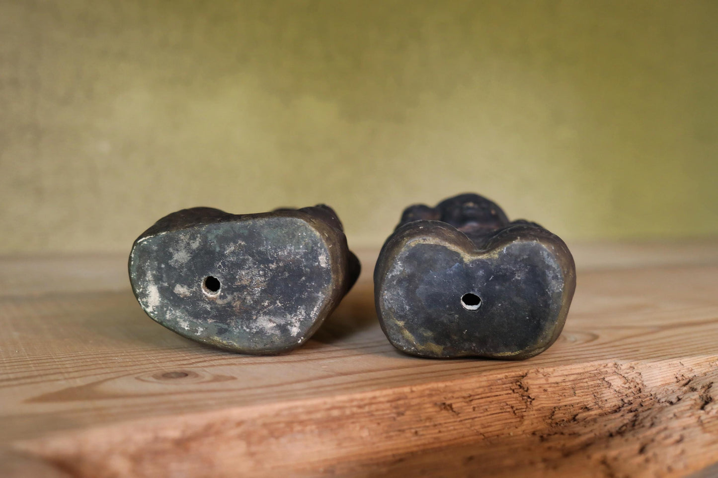 Japanese antique 1800s soot-stained pottery dolls of two gods, Ebisu and Daikoku, the Seven Lucky Gods,  Edo handmade craft H6.5in/16.5cm